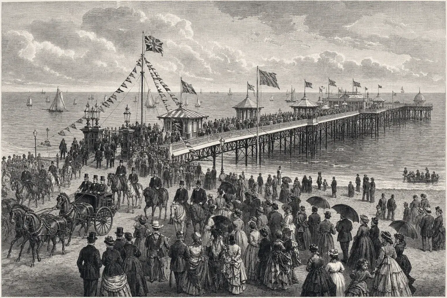 An engraving showing the opening procession at Blackpool North Pier in 1863