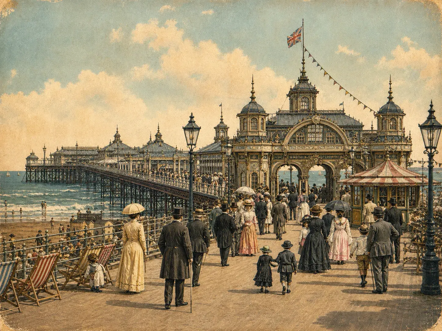 A sepia historic photograph of Blackpool North Pier from the promenade
