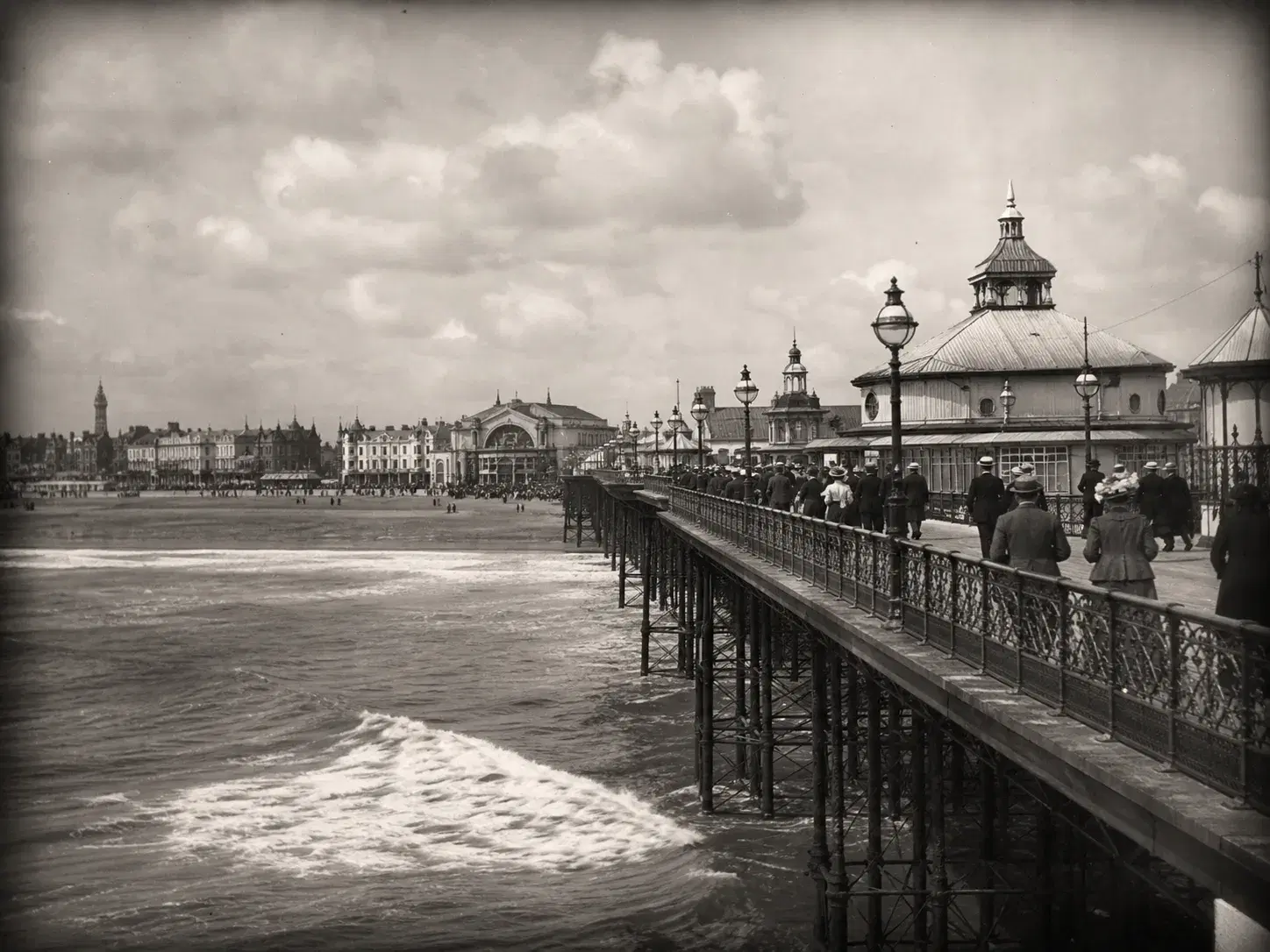 A historic photograph of the entrance and theatre buildings on North Pier