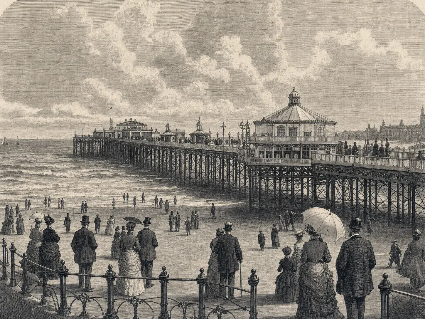 An illustrated scene of crowds arriving at Blackpool North Pier